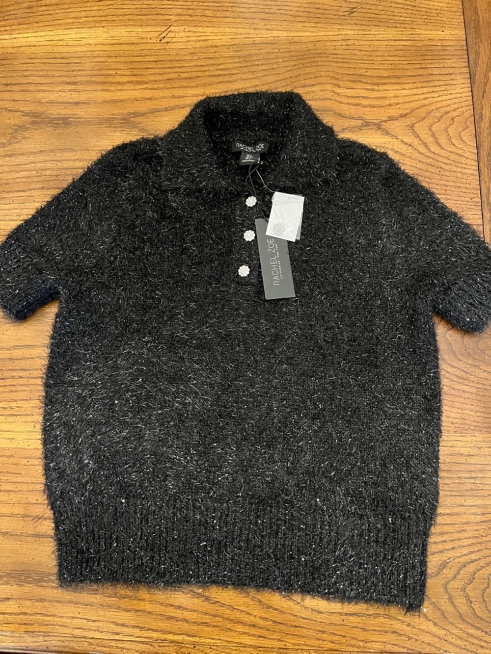 Rachel Zoe Black Fuzzy Short-Sleeve Polo Sweater